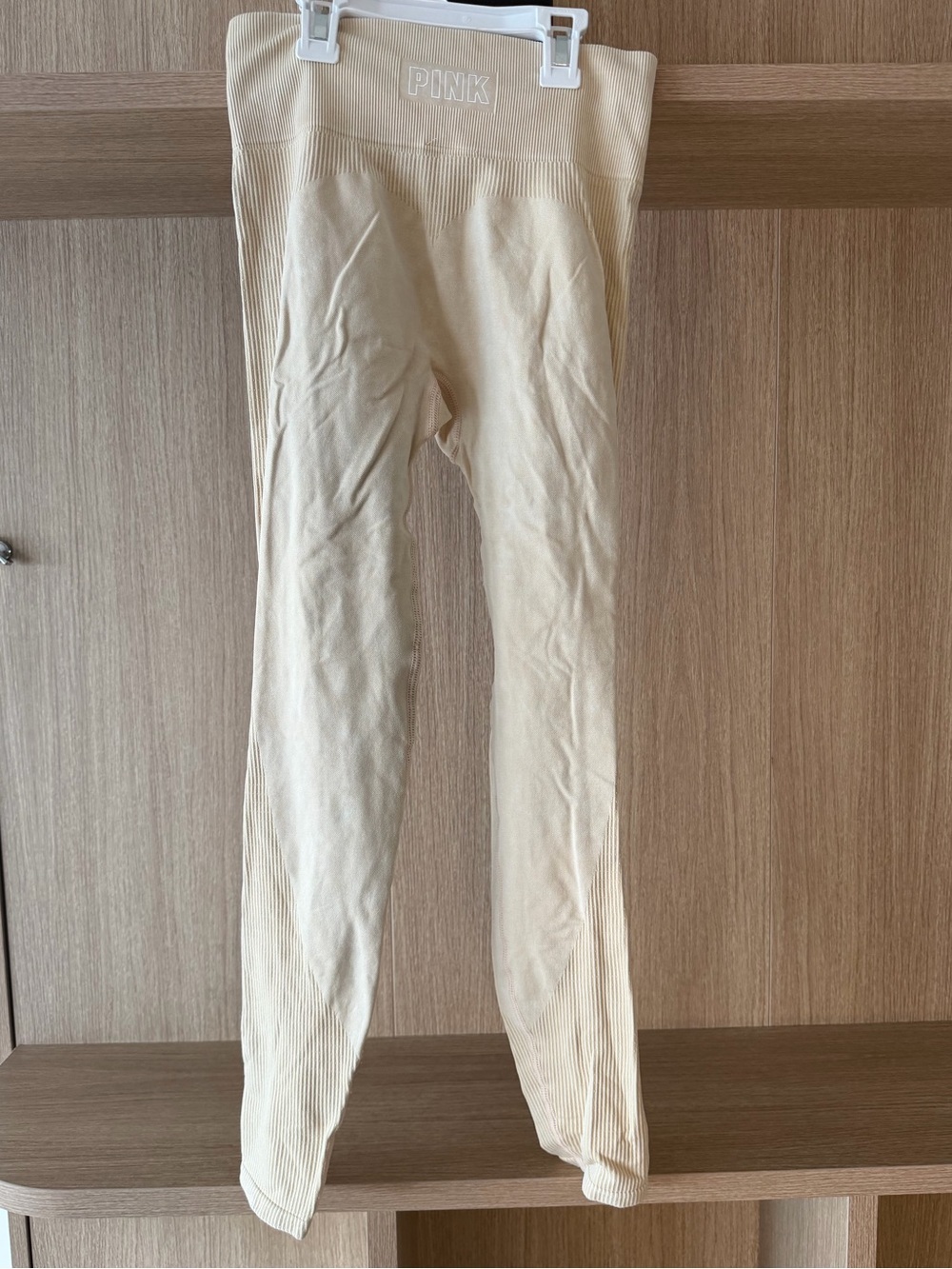 Woman Pink Ribbed Knit Pants in Beige